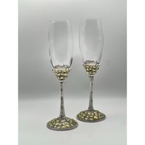 Vintage Rhinestone Champagne Flutes with Yellow Gem Accents – Set of 2